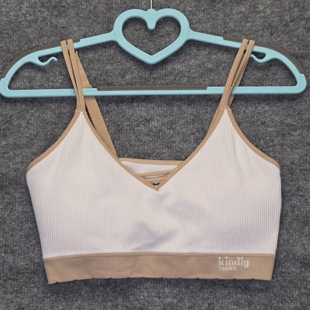 Kindly Yours Bra Women XL White Ribbed Bralette Ginger Trim Strappy Adjustable